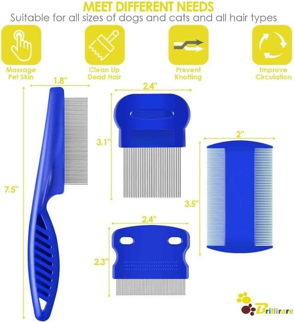 4-pack Flea and Lice Combs, Stainless Steel Dog and Cat Grooming Combs with Rounded Teeth