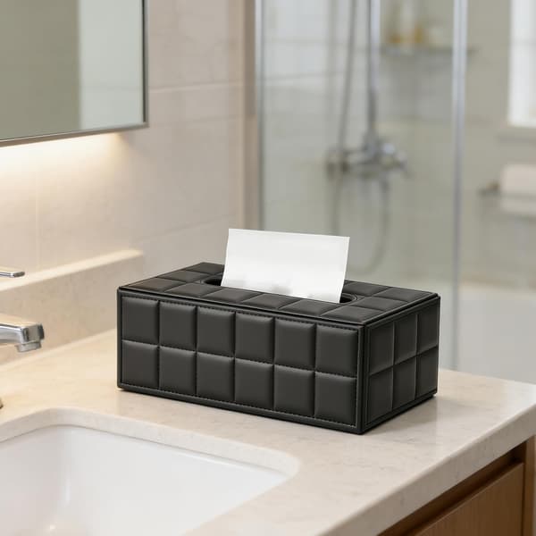 Leather Tissue Box - Versatile Use: Home, Car, and Office - 20 x 12 x 8.5 cm - Black Plaid Pattern