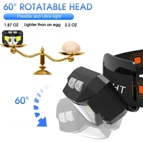 4 pakker, pandelygte, 1000 lumen ultralet lys lys LED genopladelig forlygte med hvidt rødt lys, vandtæt bevægelsessensor hovedlampe, 8 tilstande