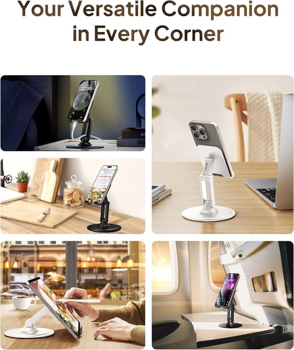 360° Stativ - Justerbart mobiltelefonstativ til skrivebord | 360° klik-roterbart mobilstativ, flere vinkler, metalbase, foldbart