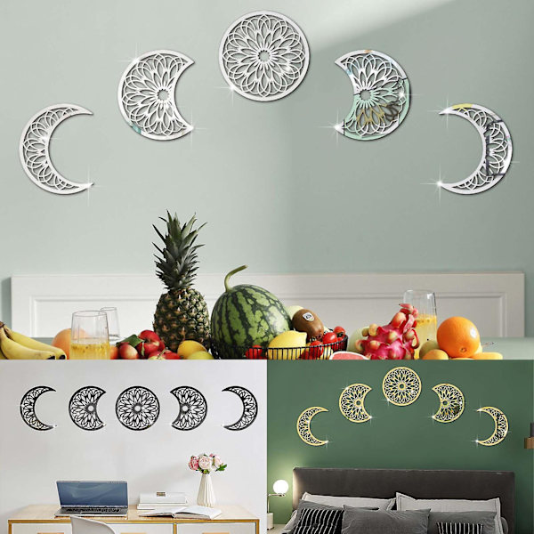 Gold 5-pack 3D Månefas Väggdekaler Nordisk Heminredning Vardagsrum Sovrum Mural Art Dekaler DIY Hantverk Bakgrundsdekoration Gold