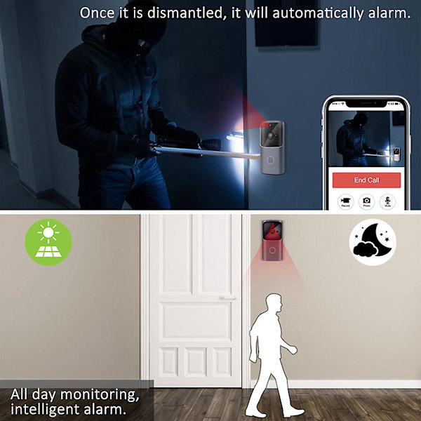 Trådløs WiFi Dørklokke Smart Videotelefon Visuel Intercom Dørklokke Sikkerhedskamera Sølv