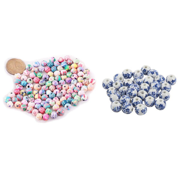 30x blomstermønster runde keramiske perler 12 mm (4/8 tommer) Dia. Hvit+blått