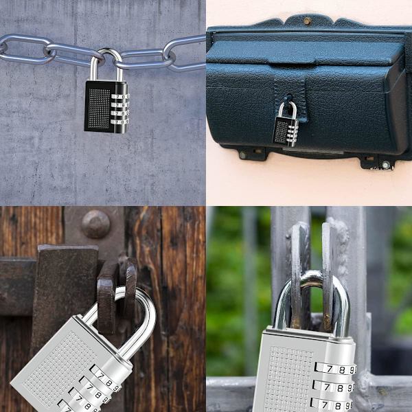 Kombinationsslås - 4-siffrigt kombinationslås för säkerhet, perfekt för staket, dörrar, skåp, resväskor (2-pack) (svart + silver)