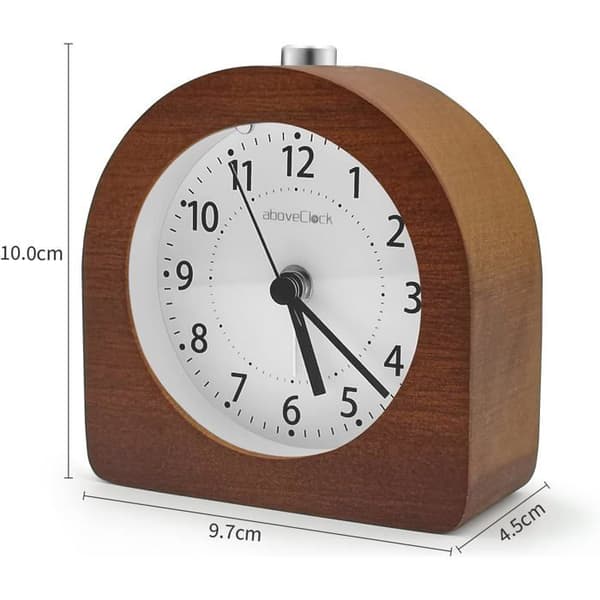 Battery-powered alarm clock with snooze function, luminous travel alarm clock, silent analog alarm clock - dark wood