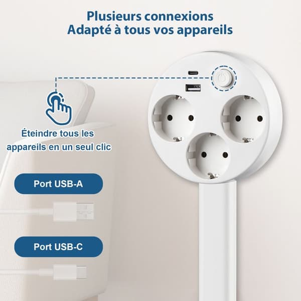 1500W power strip, 47-67cm extendable, with 3 outlets, 1 USB-C, 1 USB-A, switch, 360° rotation