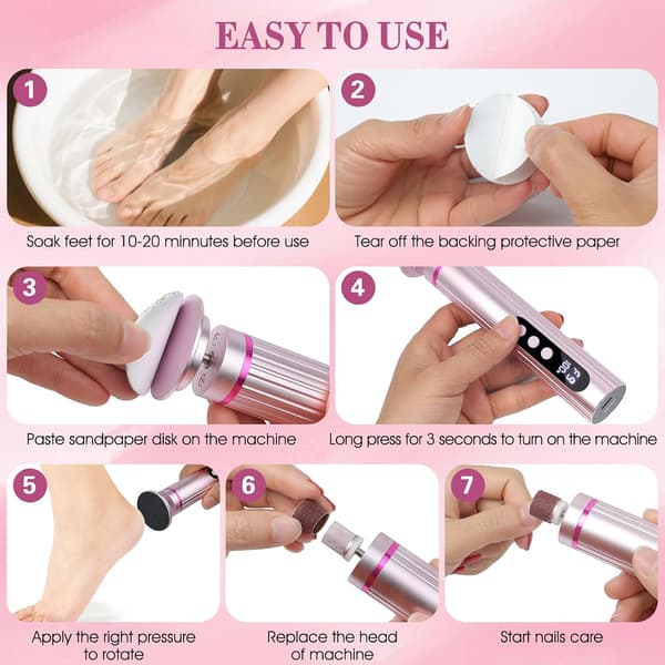 Electric Foot File for Calluses, 9 Adjustable Speeds, Includes Sanding Discs and Accessories, Pink