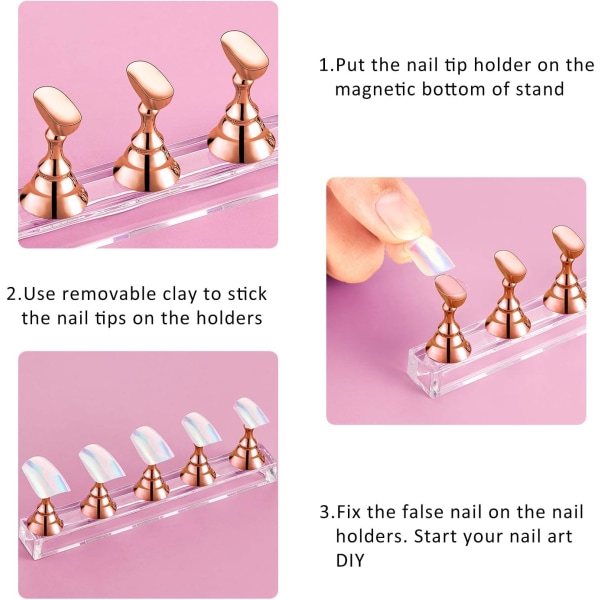 2 Sæt Akryl Negle Display Stativ Negle Tip Øvelsesholder Magnetisk Negle Øvelsesstativ Fingernegl DIY Negle Stativ (Rosenguld)