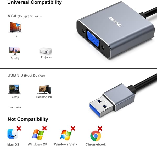 USB 3.0 til VGA-adapter, USB 3.0 til VGA hann til hunn-adapter for Windows 11, Windows 10, Windows 8.1, Windows 8, Windows 7