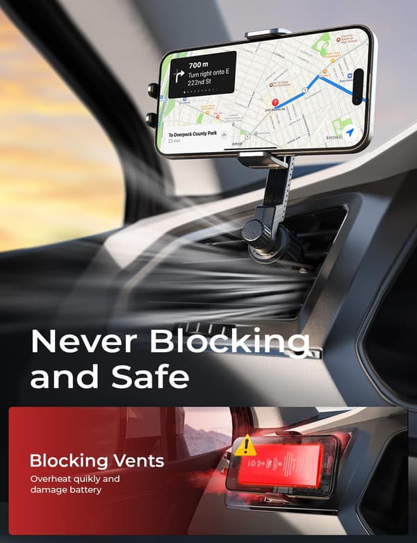 Mobilholder til bil - 360° rotation, blokerer aldrig luftventilen, passer til iPhone 12-16 Pro Max & Samsung Galaxy