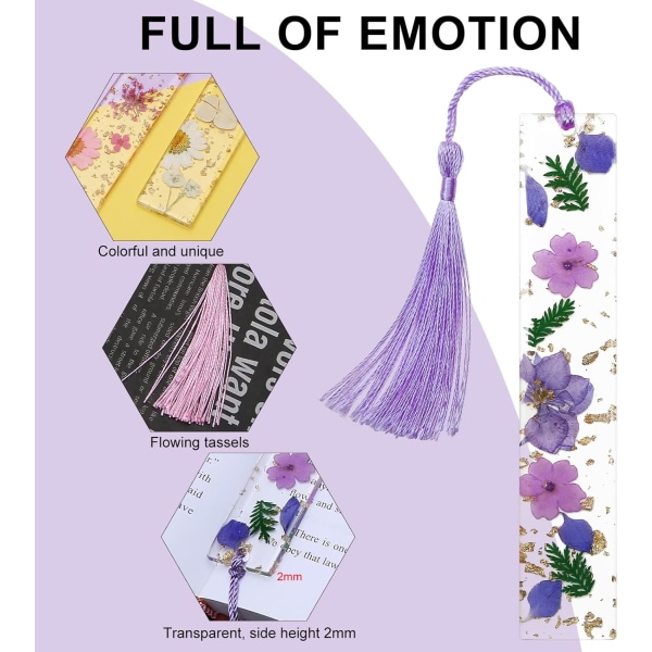 Kuivattujen kukkien kirjanmerkit tupsuilla, 4 kpl kirjanmerkkejä naisille, kestävät käsintehdyt kuivattujen kukkien hartsikirjanmerkit