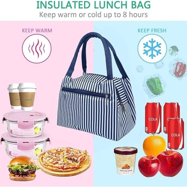 Blå og hvite striper lunsjpose damer, kjølepose isolert lunsj Bento Box Bag, Bærbar lerret termisk bag for voksne