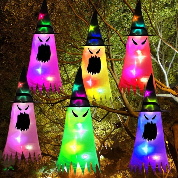 Halloween Dekorationer Spökvindstrumpa med Hatt LED-lampor Hängande Spökflagga Vindband för Inomhus Utomhus Trädgårdsfest Grön Demonöga