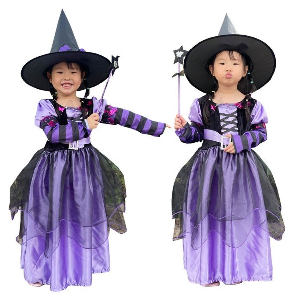 Halloween Häxklänning Med Hatt Barn Lila Saga Häxdräkt Fancy Dress UpXL
