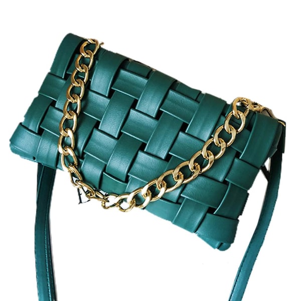 Women's Evening Handbags Braided Shoulder Bag Pu Leather Weave Purse With ChainGreen