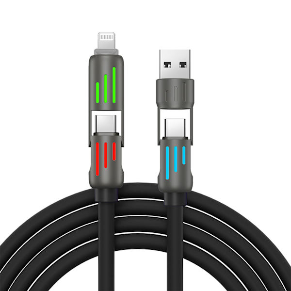 240W Farverigt Åndedrætslys 4-i-1 Hurtig Opladerkabel Zinklegering Passer til Apple Huawei Hurtig Opladning Datakabel - 2 Meter balck