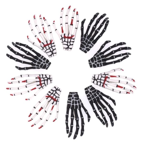 10 Red Nails White and Black Skeleton Hand Bone Shaped Hair Clips