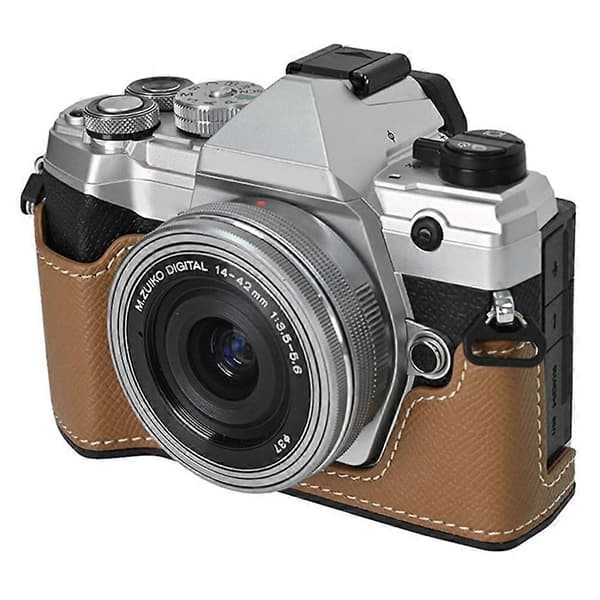 För Olympus OM-5 Kameraväska Batteriöppning Handflatstruktur PU Läder Halvkropp Botten Skydd - Khaki