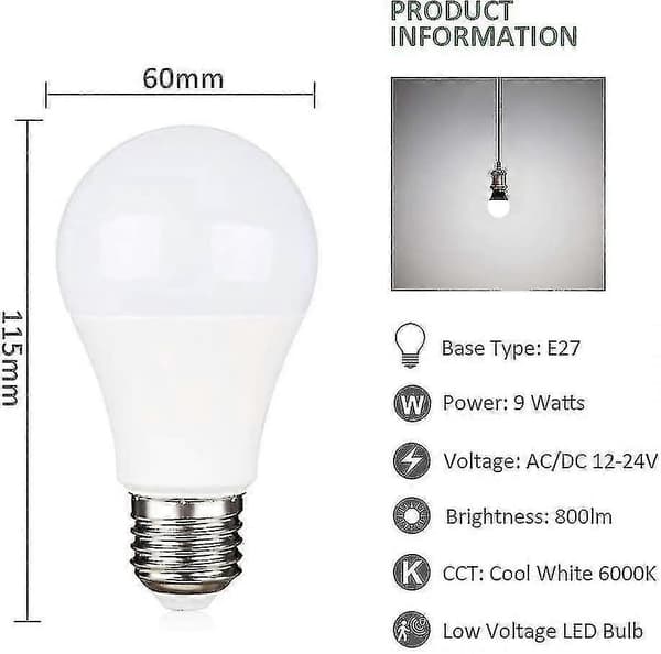 12v E27 9w Koldhvid 6000k Halogenækvivalent 75w, Ac Dc 12 Volt 24 Volt E27 Led 4-pak