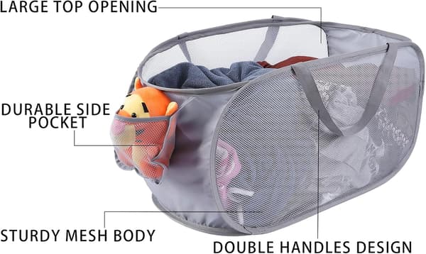 Large Foldable Mesh Laundry Hamper, Collapsible Laundry Basket with Side Pocket, Removable Clothes Storage Bin with Handles for Laundry Room, Bathroom