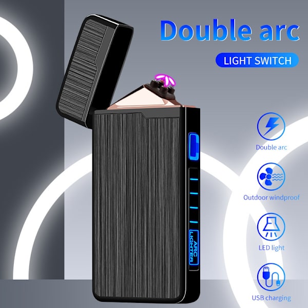 Elektrisk lighter, USB-oppladbar lighter, Plasma dobbeltbue lighter, vindtett flammefri lighter, lommemetall lighter med