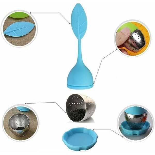 Rustfrit teinfuser med silikone sil låg grøn blad - 4 dele
