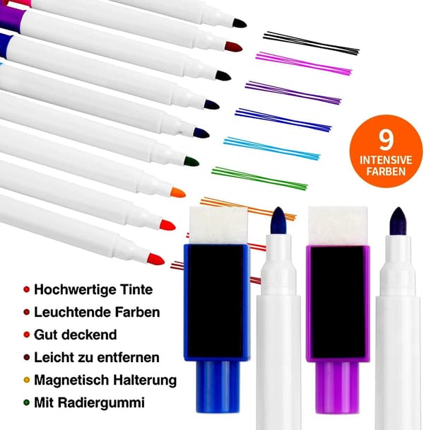 Whiteboard-tussit/kynät ja pyyhekumisetti lapsille, 9 osaa, ohut kärki, väri