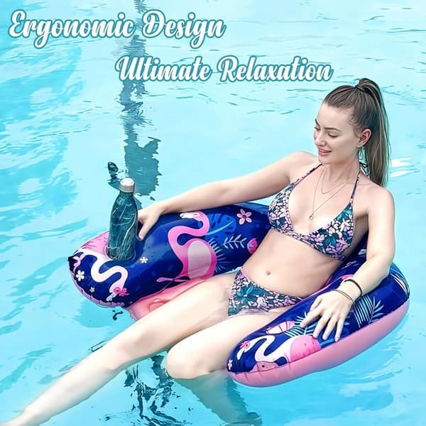 Inflatable Pool Chair for Adults with Cup Holder Backrest Pool Lounge Beach Float Comfortable Pool Mattress for Summer - 2 Pcs