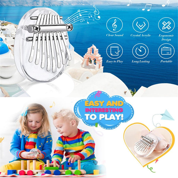 8-tone Mini Tommelklaver Transparent Fem-Finger Klaver Bærbar Begynder Finger Klaver Hvid Elliptisk