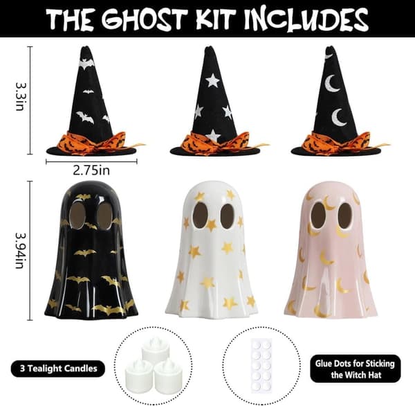 Halloween Decoration 3-Pack – Ceramic Ghosts with Witch Hats, Cute Spooky Figurines for Shelf, Table & Mantel