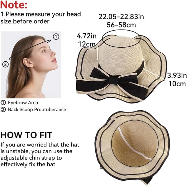 Damehatt med bred brem, sommerstrand solbeskyttelseshatt med sløyfe, beige, medium Beige Medium