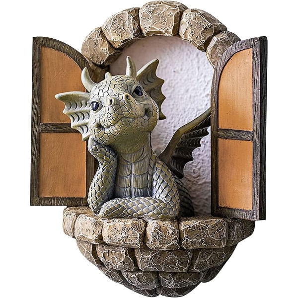 Sisäpihan lohikäärmeveistos seinäkoristelu, ihana hartsipuutarhan lohikäärmepatsas, pieni lohikäärme meditoimassa ikkunan edessä Taidehahmojen sisustus Ornam