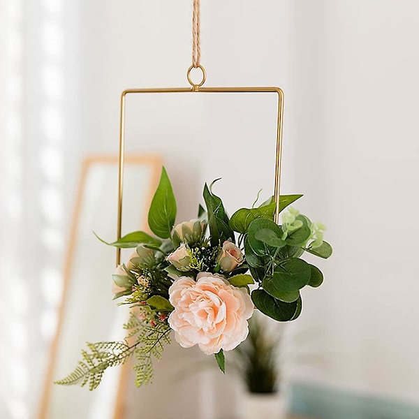 Metallisk Geometrisk Blomsterkrans, Bröllopsring Väggblomsterkrans, Gyllene Konstgjorda Ros- och Eukalyptusblomstergirlander för Bröllopsväggdekor (Champagne)