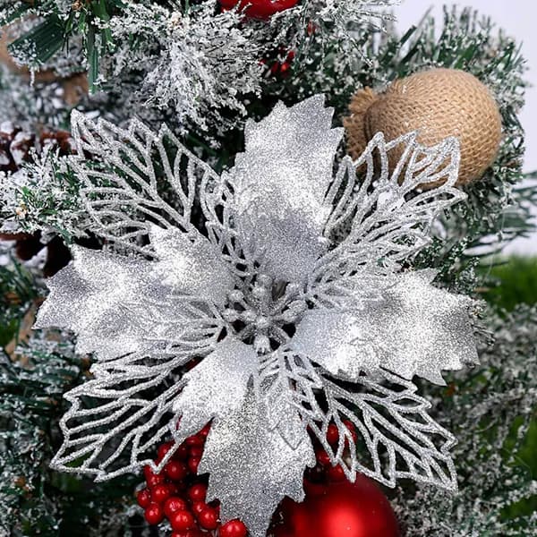 10 stk kunstige juleblomster glitterblomst juledekorasjon