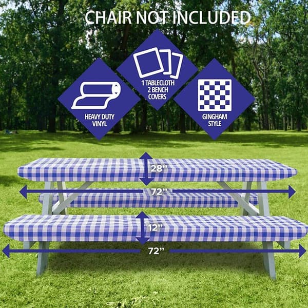 Vinyl picknickbord och bänköverdrag, rutmönster, flanellfoder, 3-delat set, blå