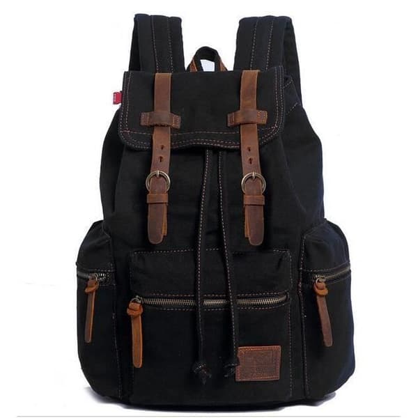 Vintage Læder og Canvas Patchwork Rygsæk til Mænd - Sort - Voksen - Canvas - Unisex