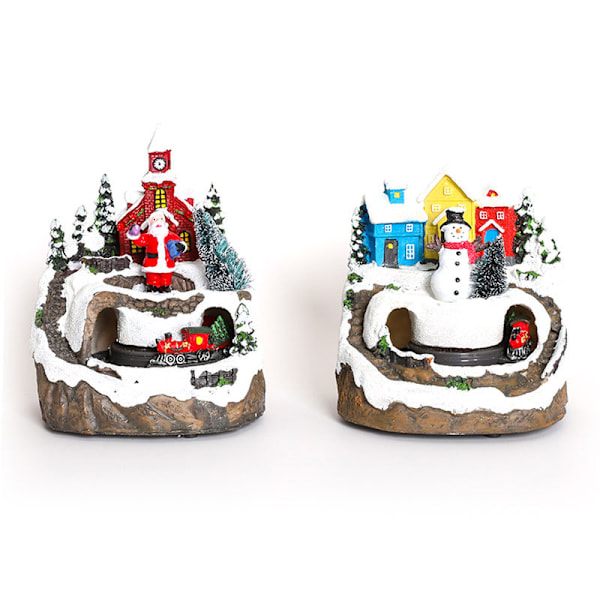 2 st Ljussättande Julgranar i Resin med Snögubbe, Tomte och Resin-Drivna Julbyhus