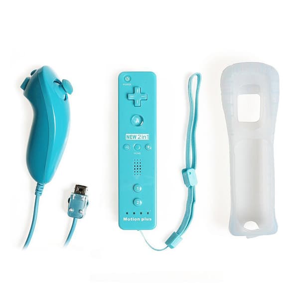 1 sett blå 2-i-1-kontroller for Wii, Nunchuck-kontroller, stropp
