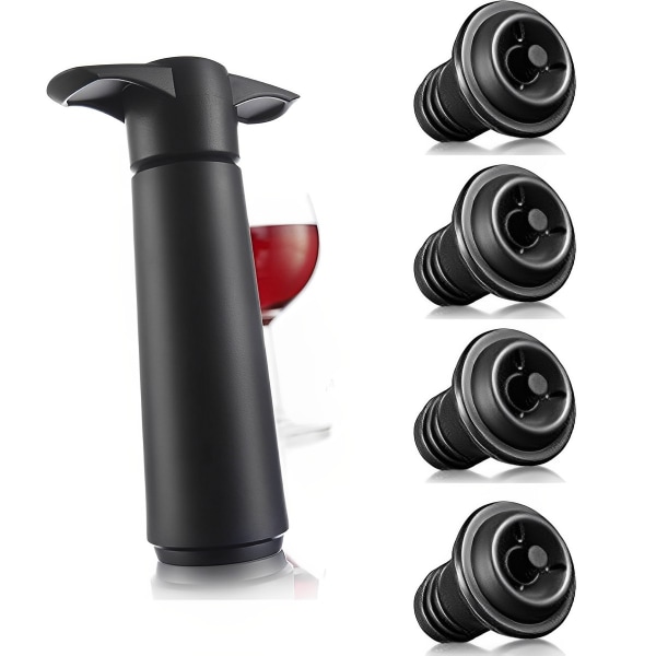 Sort med vakuum vinprop - Hold din vin frisk i op til 10 dage - 1 pumpe 4 propper - Genanvendelig