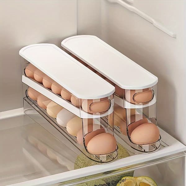Automatic Egg Storage Box for 12-14 Eggs, Double-Layer Sliding Lid, Space-Saving Egg Rack for Refrigerator