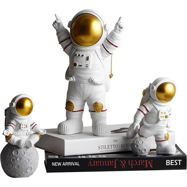 Vit 3 st Astronautstaty Staty Skulptur Stor rymdman Heminredningsaccenter, Bordshylla Vardagsrum, Harts Planet Ornament Ytterkaka Topper