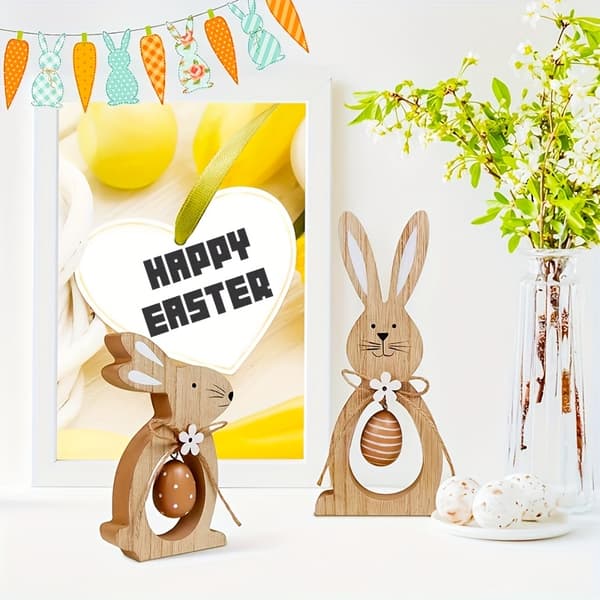 2-piece Wooden Table Decoration with Rabbit, Easter Eggs and Flowers 2pcs
