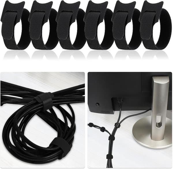 Reusable Cable Ties 25cm 40pcs Black - Self-adhesive Straps for Cable Management - Adjustable Organizer