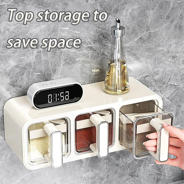 Wall-mounted Spice Organizer Spice Storage Box Large Capacity Spice Box for Kitchen 3 Compartments PP Spice Box Spice Tray with Spoon