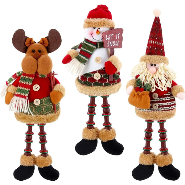 3 stycken julplyschfigurer, julsittande jultomten Snögubbe Ren Juldekoration Långa ben figur för bordsskiva öppen spisdekoration