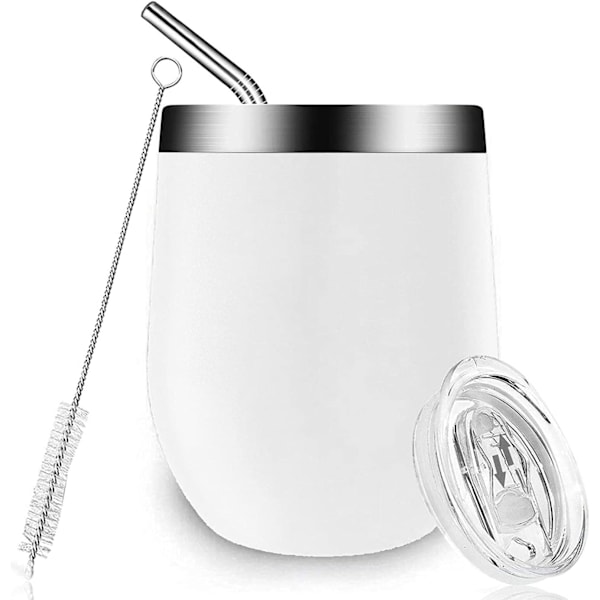 Dubbelväggig Isolerad Termosmuggset i Rostfritt Stål, 2-pack, Inkluderar Sip-lock, Spillskyddande Skjutlock, Sugrör, Rengöringsborste (Vit)