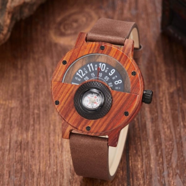 Handgjord ljus naturträ kvarts watch Roterbar urtavla kompass stil herr kvarts watch presentförpackning