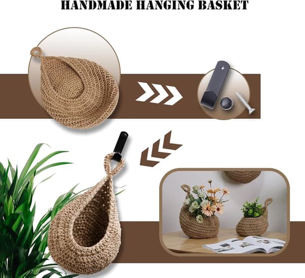 Väggmonterad köksfruktkorg i vävd design. Set med tre khaki bomullsrep fruktkorgar för väggmontering av grönsaker