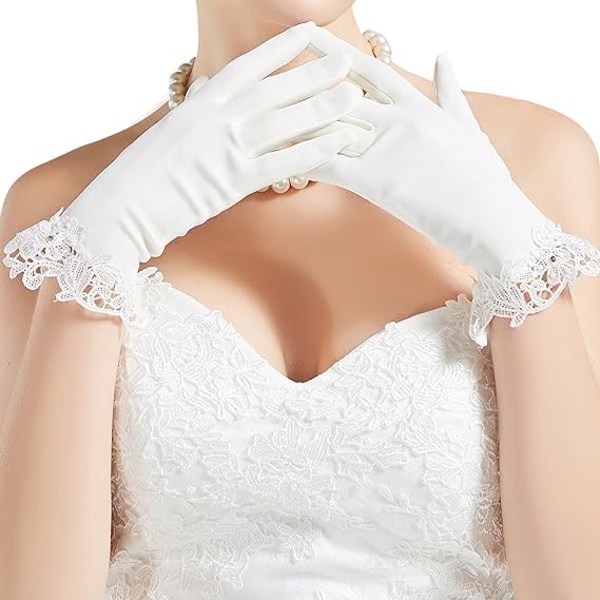 (Vita) Korta satinhandskar med spets Korta handskar för damer Operahandskar Bröllopshandskar för kvällsfest, bröllop, förlovning, P
