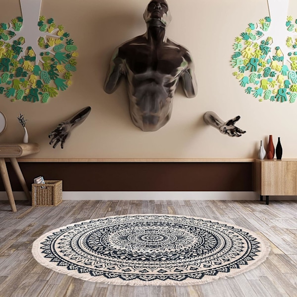 90cm Mjuka Runda Matta för Sovrum Matrum Cirkel Boho Matta Halksäker Tvättad Chic Bohemian Mandala Inomhus Matta